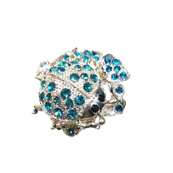Hair Barrette Tension Clip Silver Tone Beetle Blue Rhinestone Black Eyes Small - Picture 3 of 6